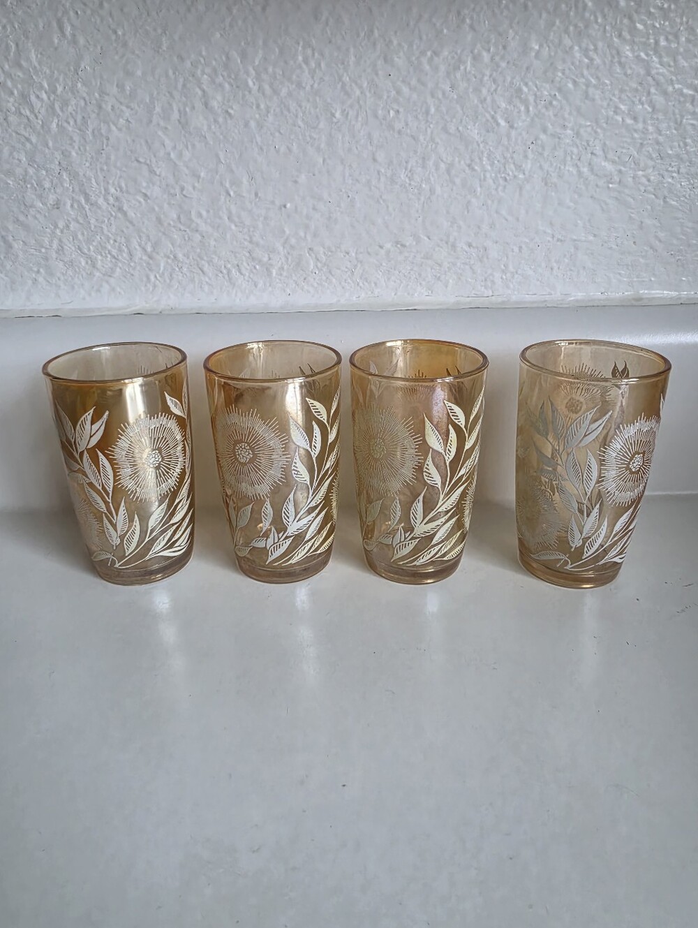 Set Of 4 Vintage JEANETTE Marigold Carnival Cosmos Flower 1950's 5oz Juice Glass
